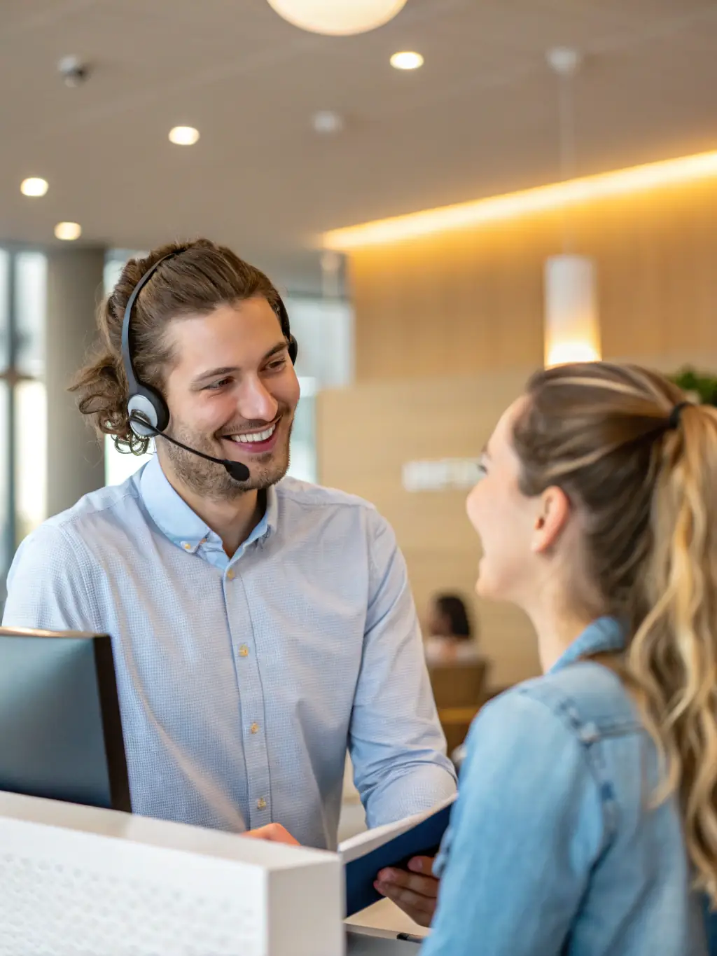 A customer service agent assisting a traveler with their rental agreement via WhatsApp on a smartphone, highlighting the 24/7 support.
