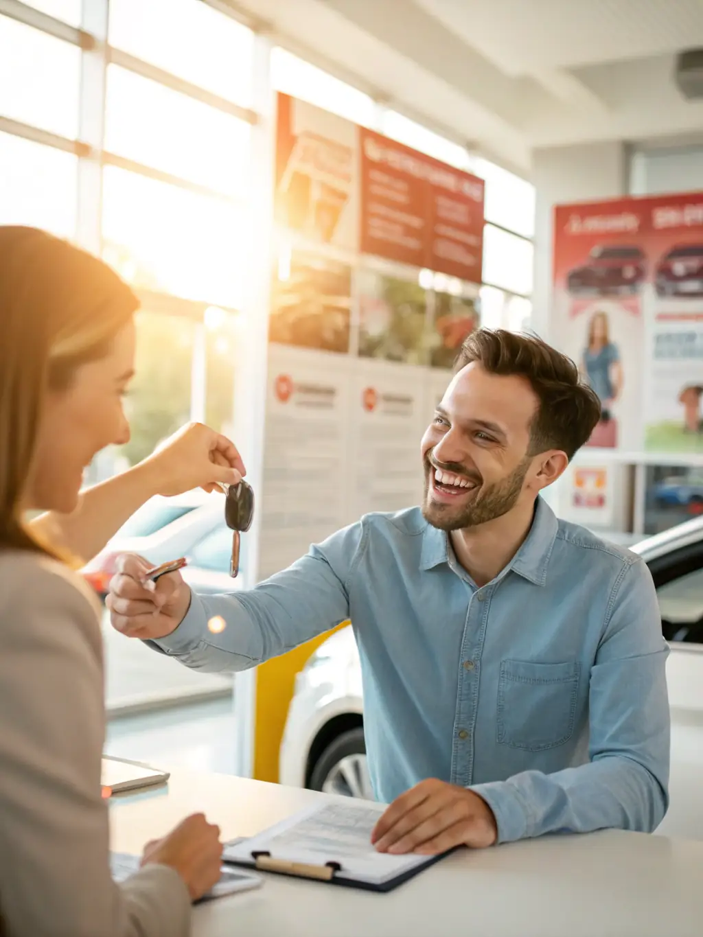 A professional businessman receiving car keys from a Wizards Airport Car Rentals SV representative at El Salvador International Airport, showcasing a smooth and efficient handover.